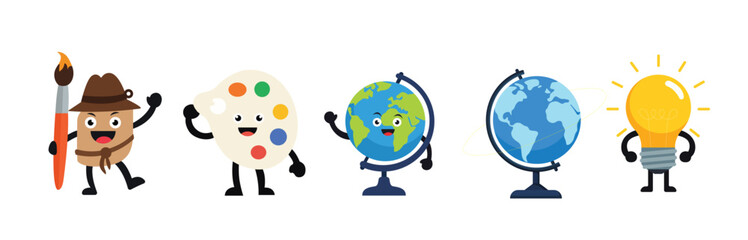 Creative Education Character Set With Paint Brush Palette Globe And Idea Bulb