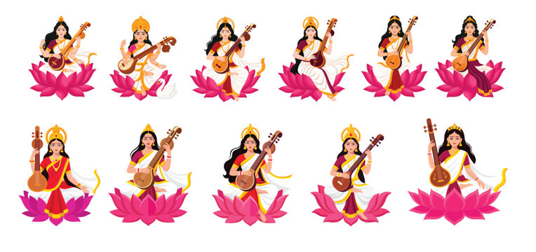 Traditional illustration of Goddess Saraswati seated on a lotus, playing the veena, symbolizing knowledge, wisdom, music, and Indian culture, suitable for religious, cultural, and educational designs.