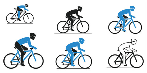 Fototapeta premium Cyclist icons in black and blue showing different poses and styles Keywords: cyclist, cycling, bicycle, bike, rider, sport, race