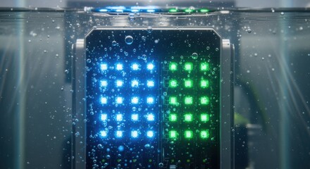 Closeup on the glowing LED indicators of an immersion cooled server unit within a transparent coolant bath signaling active system status.