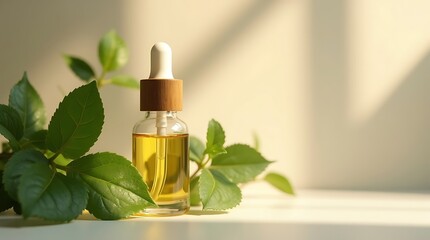 Botanical Skincare Still Life with Glass Dropper Bottle and Green Leaves, Natural Daylight, Organic Beauty Concept, Minimal Styling
