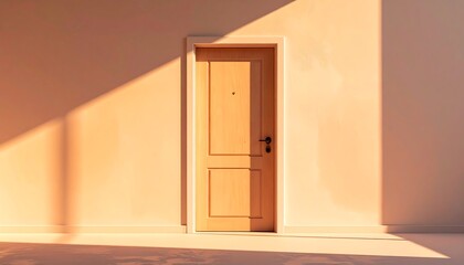 Fototapeta premium Door casting a long shadow under strong directional sunlight, creating an abstract minimalist composition with bold contrast, clean geometry, and a conceptual architectural mood.