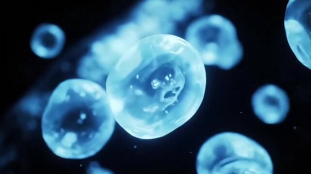 Microscopic 3D Animation of Glowing Blue Biological Cells Floating and Dividing in a Dark Fluid Environment