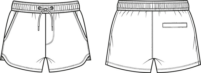 Fashion Sketch of Athletic Shorts Front and Back Views sports shorts running shorts © MST Hasina