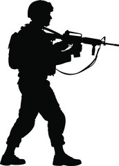 Silhouette of a soldier carrying a rifle depicted in a stark black design