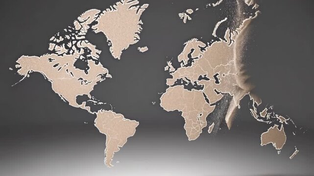 Ethereal sand world map minimalist style with beige continents on dark background, abstract geography, creative global art, simple composition