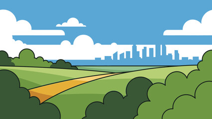 Fototapeta premium Scenic rural landscape with a winding road, green trees, and distant city skyline under a blue sky