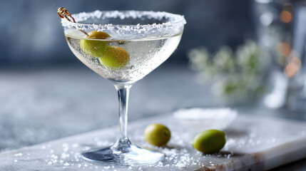 Classic martini with salt rim and green olives on a marble board