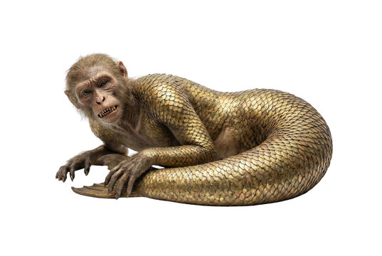 Ningyo monkey fish hybrid creature isolated. Japanese mermaid folklore concept.