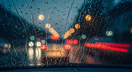 Raindrops on windshield blur city lights creating a moody, atmospheric night drive.