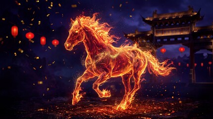 Fantasy style fiery horse illustration with blazing mane and tail in front of traditional asian architecture at night with fantasy horse and night scene
