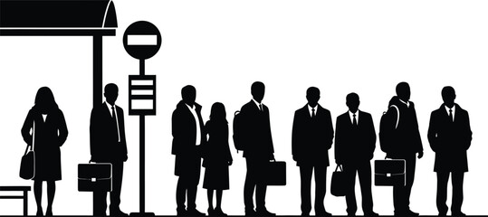 Black Silhouettes of Business Commuters Waiting in Line at a Bus Stop Minimalist Vector Graphic