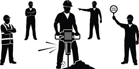 Set of Construction Road Workers Silhouettes Operating Jackhammer and Holding Stop Slow Sign Vector