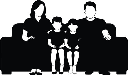 Family Silhouette Vector Icon Parents and Two Children Sitting on a Sofa Black and White Graphic