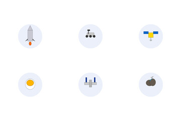 Scientific Space Exploration Icon Set on White. Rocket, Mars Rover, and Satellite Technology Symbols