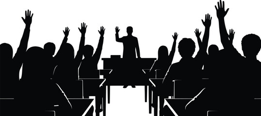 Black and white vector silhouette of students raising hands in a classroom or meeting with a teacher