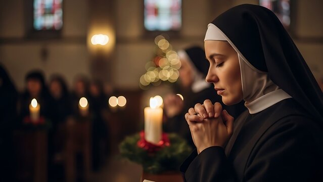 A nun praying in a church with candles and congregation in the background
