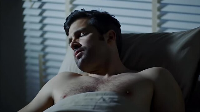 Tired young man resting shirtless in a dimly lit room with closed eyes