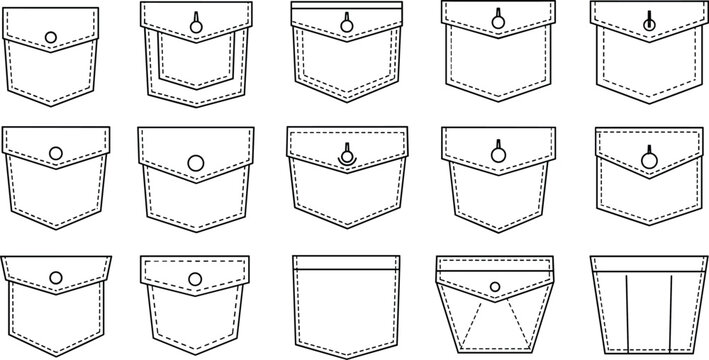 Line art illustrations of various shirt pockets with different designs and closures on white background