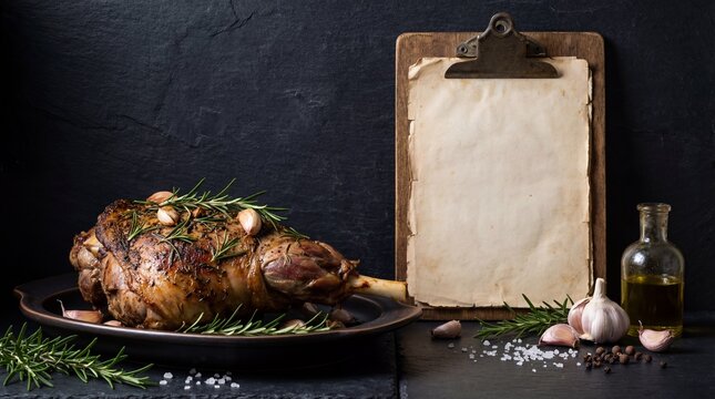 Roasted lamb leg garnished with herbs and garlic on dark background - Concept of Easter dish recipe moskup  