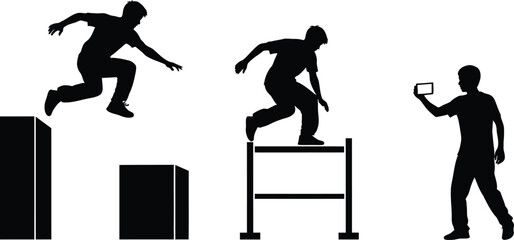 Parkour and Freerunning Silhouettes Set Urban Sport Action Jumps Vaults and Smartphone Filming Vector Illustration