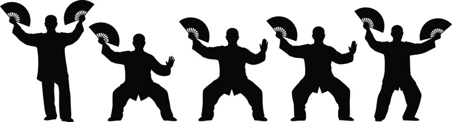 Tai Chi fan dance silhouettes set Vector graphics of martial arts practitioners with folding fans in different poses