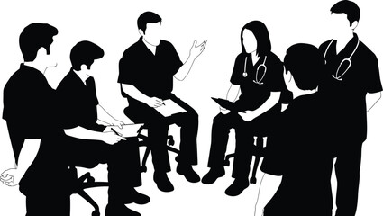 Black and white silhouette of medical team professionals having a group discussion consultation or clinical briefing session vector illustration