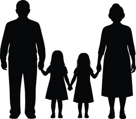 Generational Family Silhouette Vector Grandfather Grandmother and Two Granddaughters Holding Hands