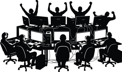 Team of Gamers or Developers Celebrating Success Silhouette Vector Illustration