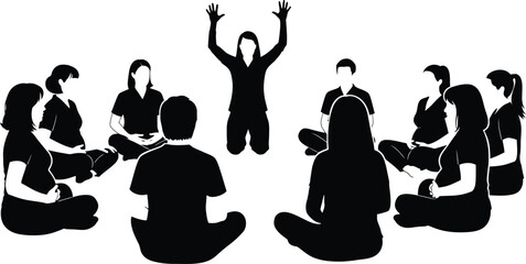 Black and white silhouette of a diverse group of people sitting in a circle meeting with one leader raising their hands in celebration or communication