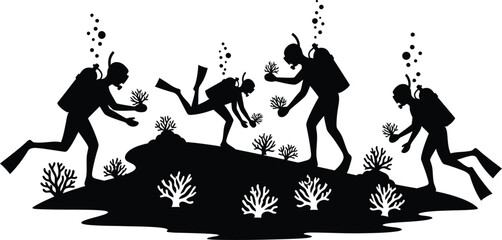 Underwater scuba diving team exploring coral reef silhouette black and white vector illustration