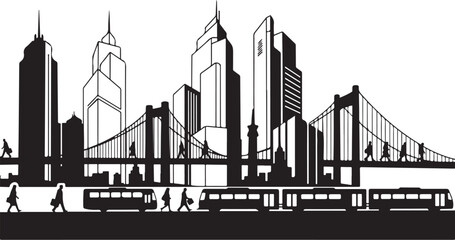 Fototapeta premium City Skyline Silhouette with Bridge and Skyscrapers
