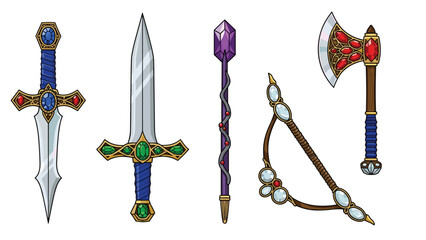 Enchanted weapons including a sword, dagger, staff, bow, and axe adorned with colorful gemstones, evoking a sense of magic and power.