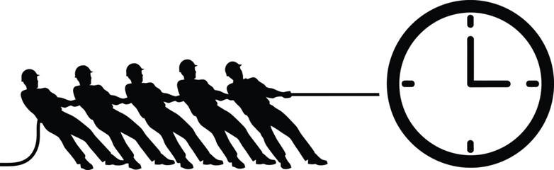 Workers in Hard Hats Pulling Rope Against a Clock Time Constraint Concept Vector Silhouette