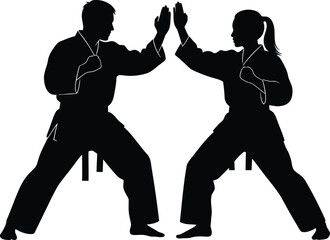 Martial Arts Silhouette of Man and Woman Training Black and White Vector
