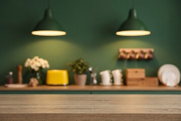 Cozy kitchen interior with green walls and wooden countertops
