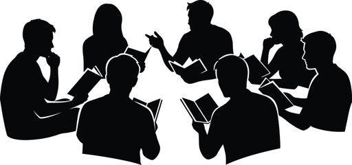Study Group Silhouette Vector Illustration People Reading Books and Discussing Education or Book Club