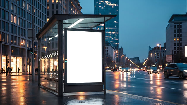 Urban street night city background outdoor vertical bus stop billboard mockup