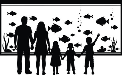 Family Silhouette Watching Fish in Aquarium Vector Illustration