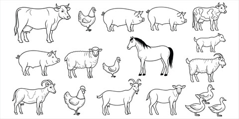 Outline drawing of various farm animals and poultry on white background line art © MST Hasina