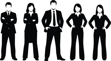 Professional business team silhouettes vector set male and female corporate workers in suits standing together minimalist black icons