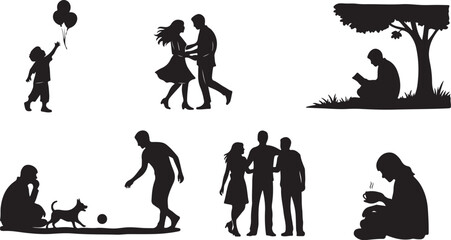Silhouettes of people in various social and playful activities