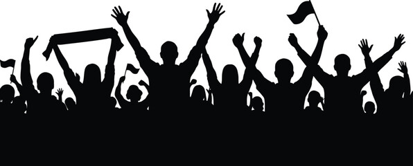 Excited Crowd Silhouette Fans Cheering Holding Flags and Scarf Vector Illustration for Sports Events and Concerts