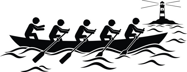 Team of Rowers in a Boat Silhouette Moving Towards a Lighthouse on Wavy Water Vector Icon © Meherun