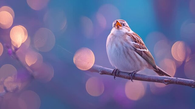 Whimsical Sparrow Portrait Singing Against Colorful Light Bokeh