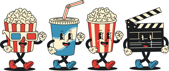Retro cartoon characters popcorn drink and clapperboard walking together soda movie © MST Hasina