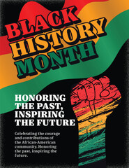 Black History Month design with Pan-African colors and raised fist, honoring the past and inspiring the future