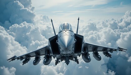 Military fighter jet soaring through cloudy skies with missiles