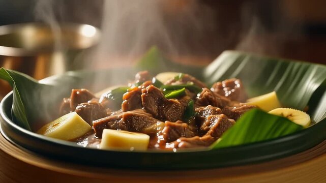 Steaming chunks of braised beef or venison stew served with vegetables and green chilies on a banana leaf in a traditional wooden steamer