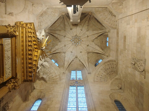 B&oacute;veda de crucer&iacute;a g&oacute;tica con nervaduras de piedra y detalles dorados de retablo en el interior de una catedral de Burgos, Espa&ntilde;a